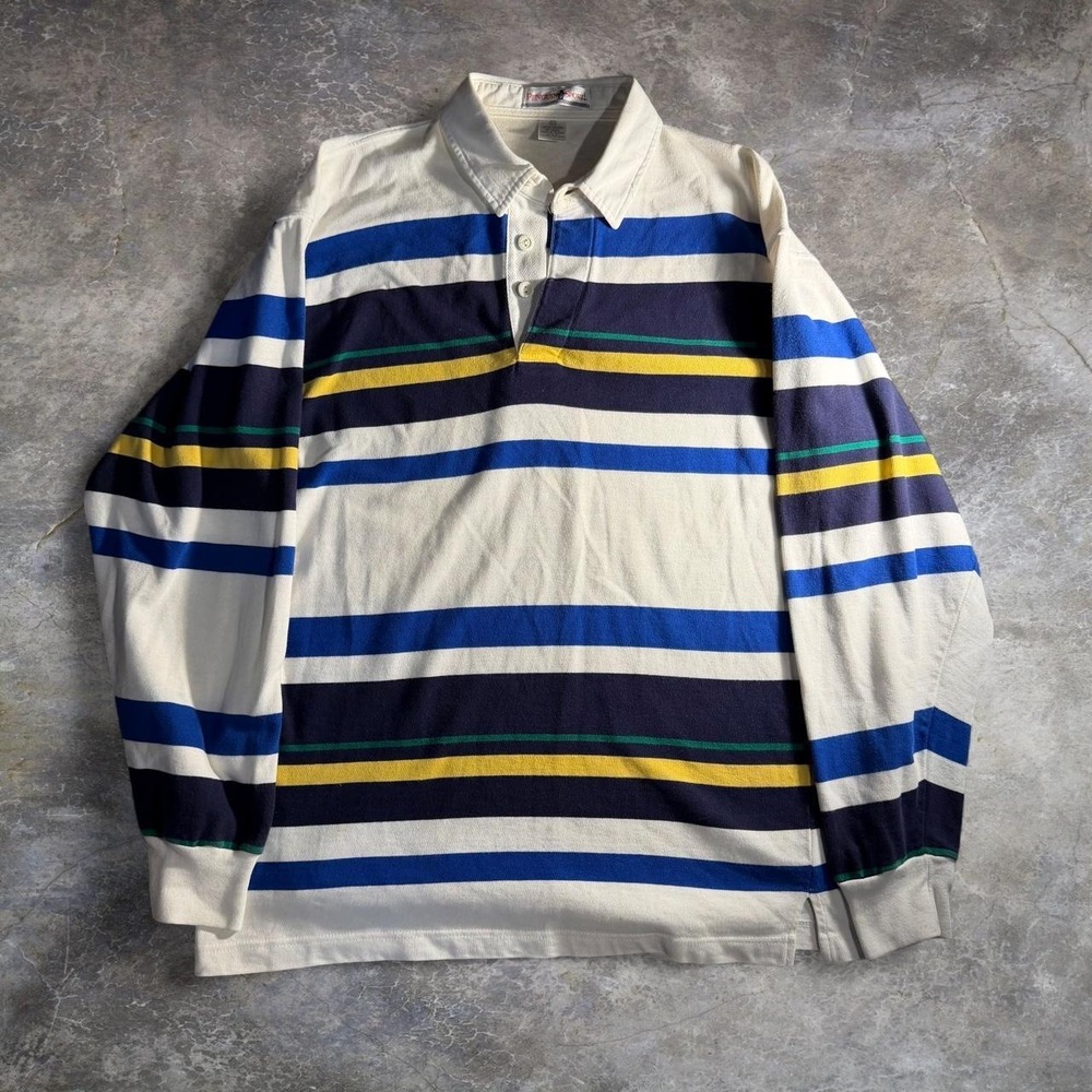 Penguin Sport Striped Rugby Shirt Long Sleeve Blue Yellow White Cotton Polo
